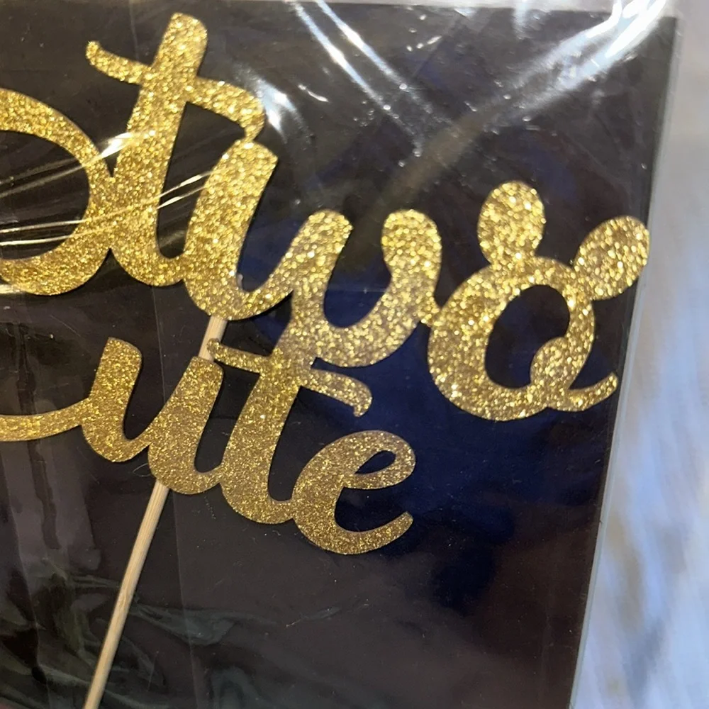 Cake Topper Gold Glitter 'Two Cute' Second Birthday Mickey‎ Minnie Ears Disney